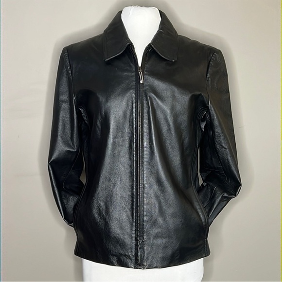 Vintage New York & Company Zip Front Minimalist Black Pebbled Leather Jacket - Picture 2 of 4